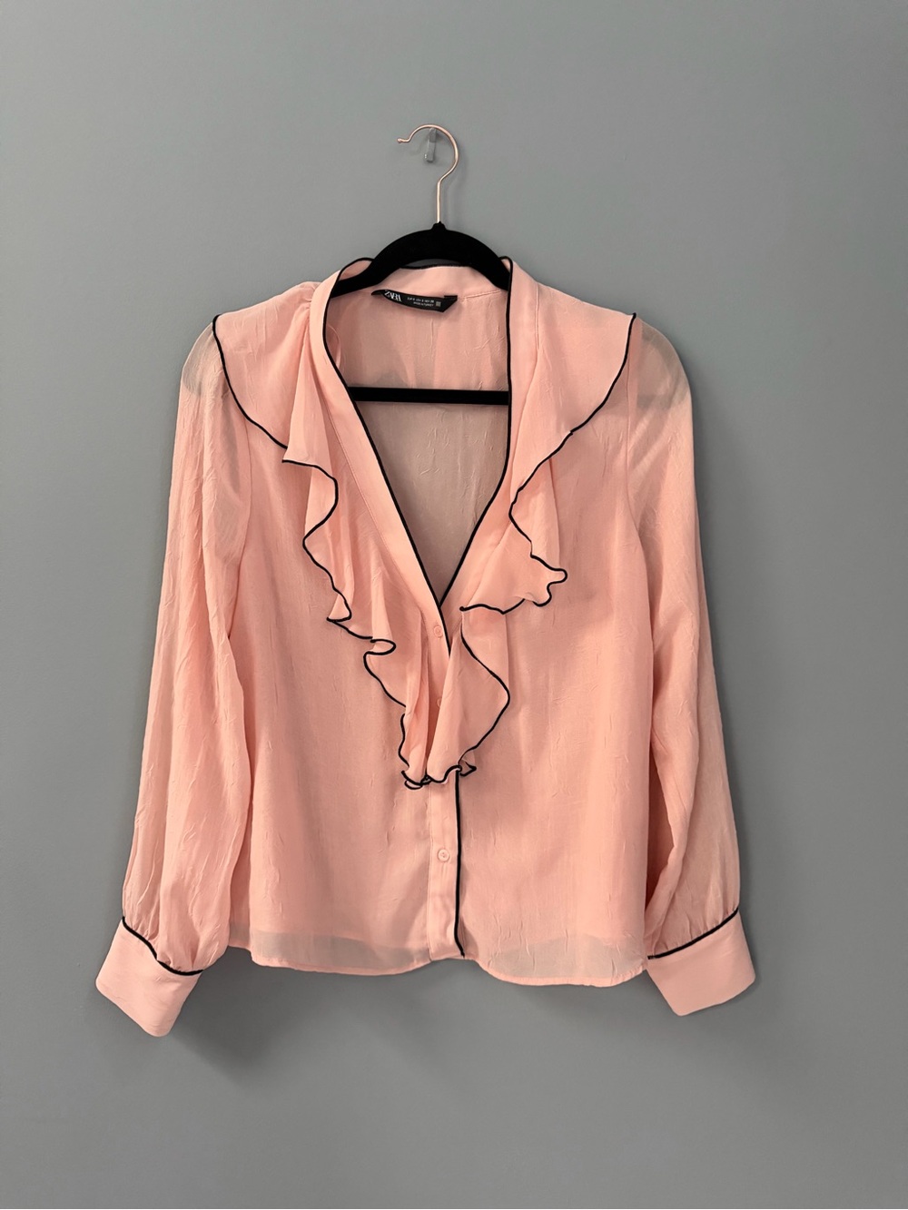 Zara Light Pink Ruffle Blouse with Black Trim